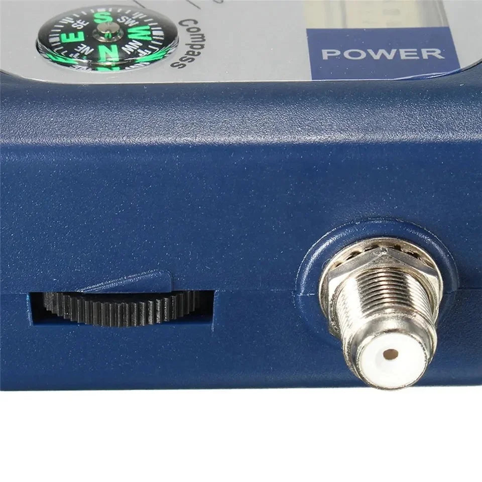 Digital satellite finder with compass and blue display, designed for signal tracking on 95DTL DVB-T satellite systems.