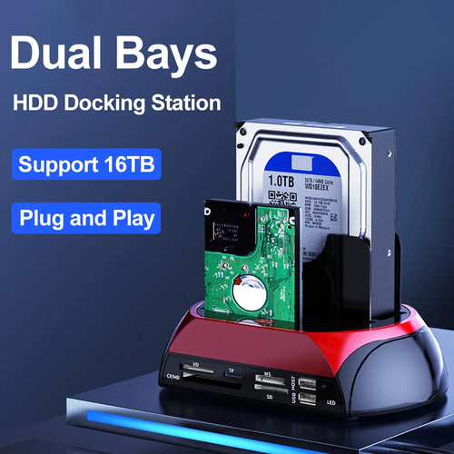 BackupMyFilesNow 10-in-1 IDE SATA USB 3.0 external hard drive docking station with dual bays, one-touch backup, and card reader.