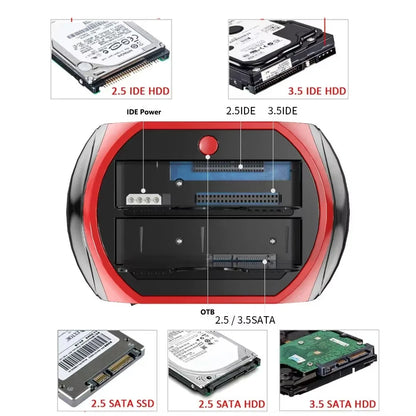 Dual bay external hard drive docking station with USB 3.0, IDE and SATA ports, one-touch backup, and card reader.