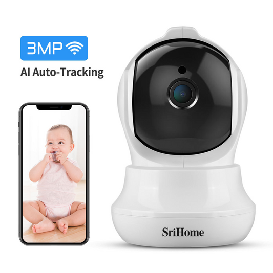 Srihome 3MP Smart Tracking Wireless Security Camera capturing video footage with adjustable angles and motion detection.
