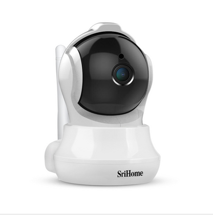 Srihome 3MP smart tracking wireless security camera, black outdoor surveillance device with motion detection and night vision.
