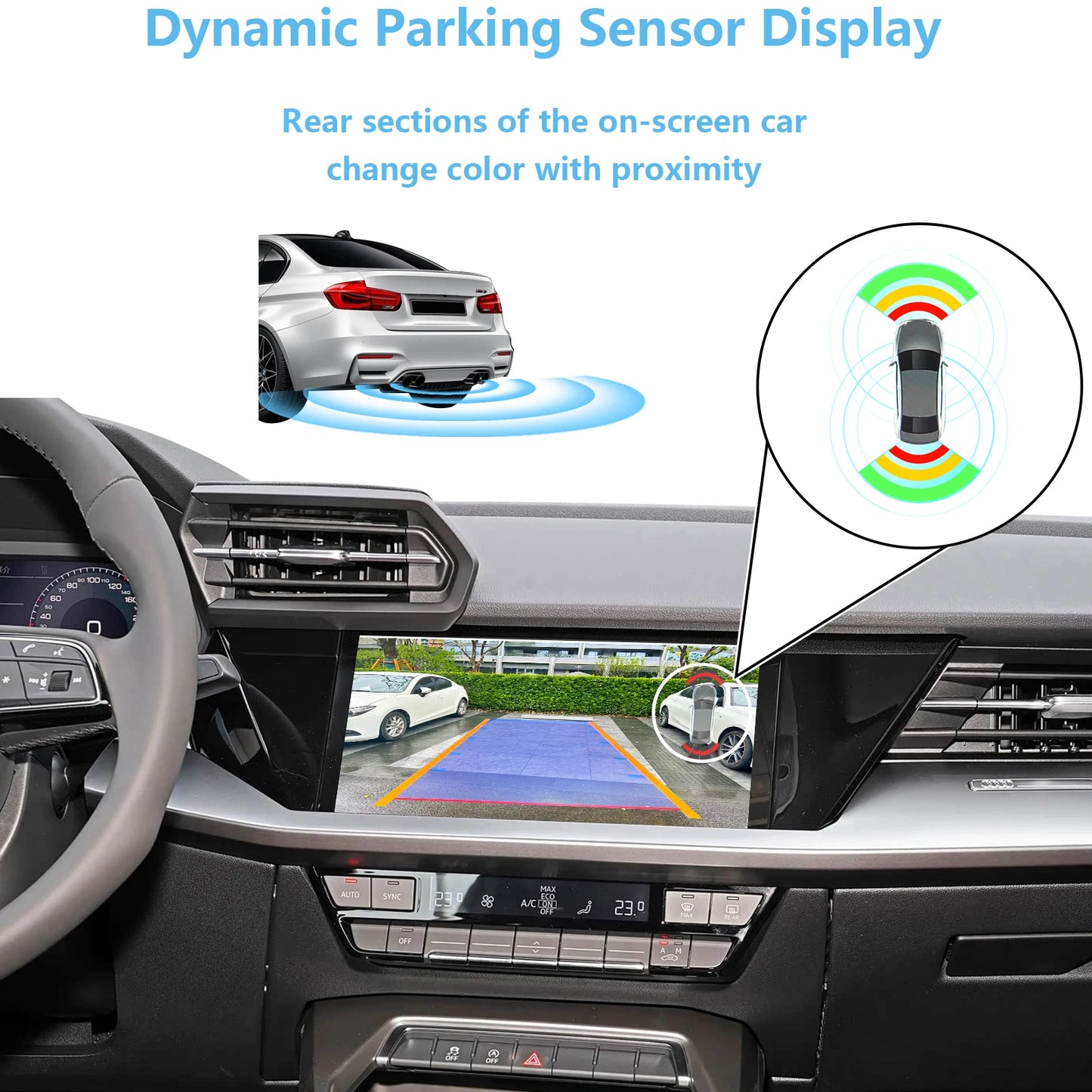 AHD backup camera for Audi A3, A4, S4, A5, Q5, S5, 2019-2025, and Q3 2019-2025, rear and front view, no programming needed.