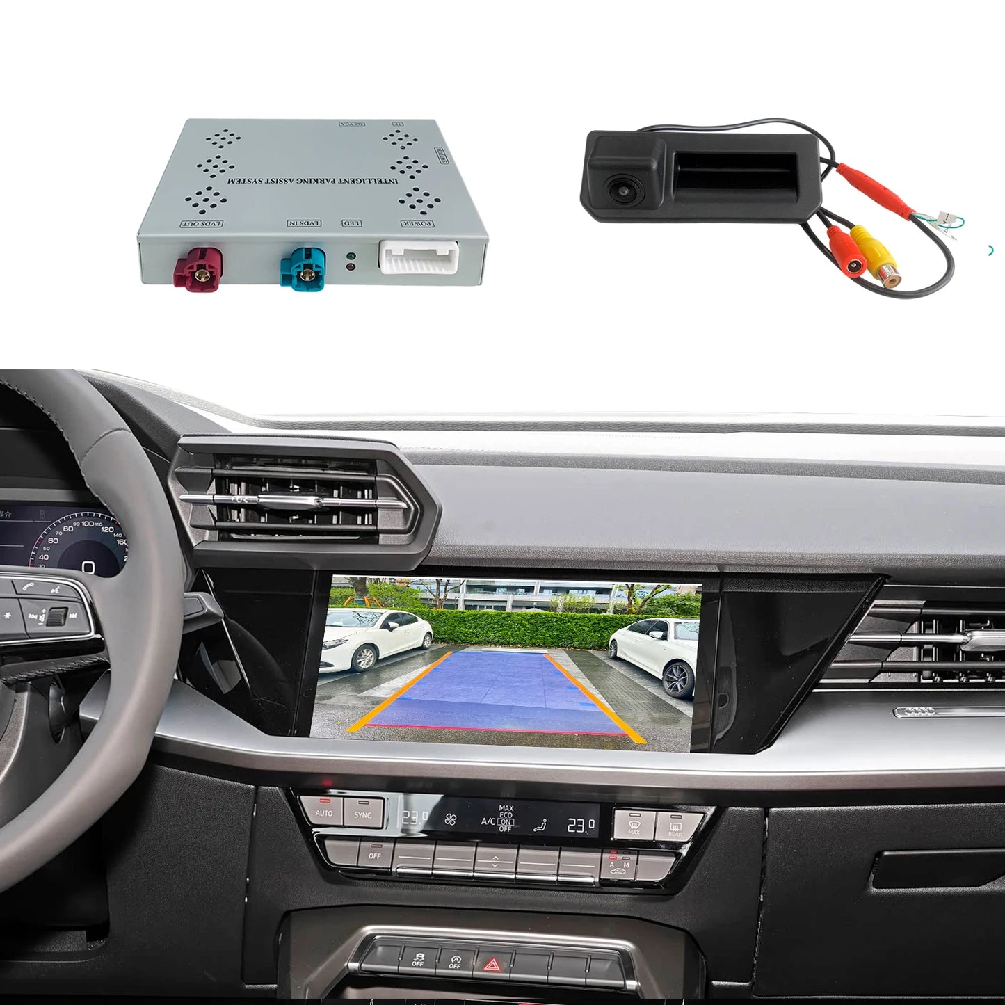 AHD backup camera for Audi A3, A4, S4, A5, Q5, S5, Q3 models 2019-2025, rear and front view, no programming needed.