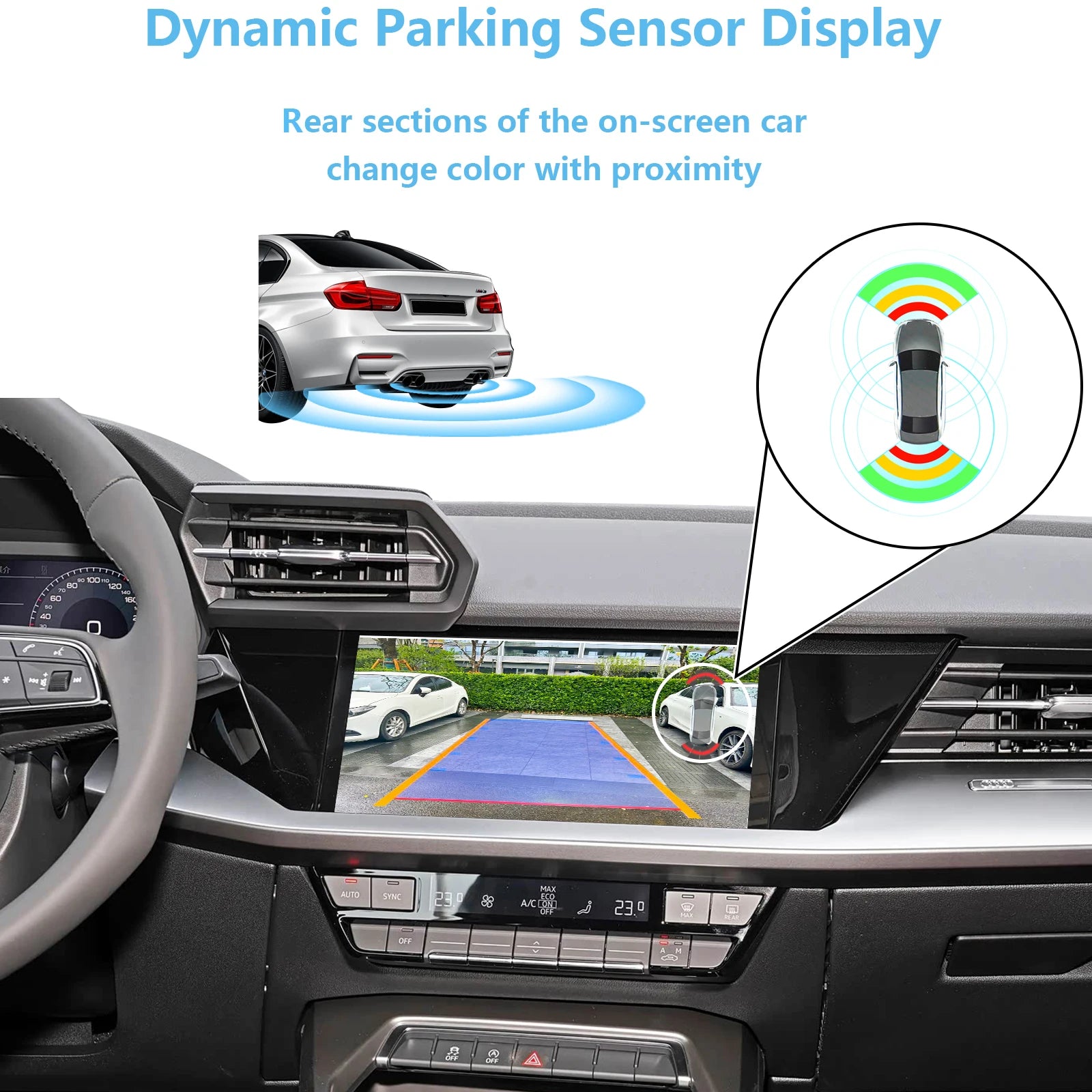 AHD backup camera for Audi A3, A4, S4, A5, Q5, S5, Q3 2019-2025, MIB3 system retrofit, rear and front view, no programming needed.