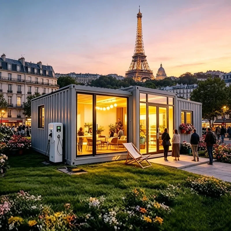 Expandable BACKUPMYFILESNOW.COM® container house with spacious interior, 40ft modular design for family living and gatherings.