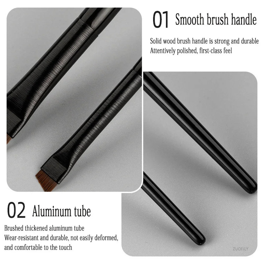 Professional makeup brushes for women, including flat eyeliner and eyebrow contour brushes, with fine blades for precise application.