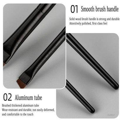 Professional makeup brushes for women, including flat eyeliner and eyebrow contour brushes, with fine blades for precise application.