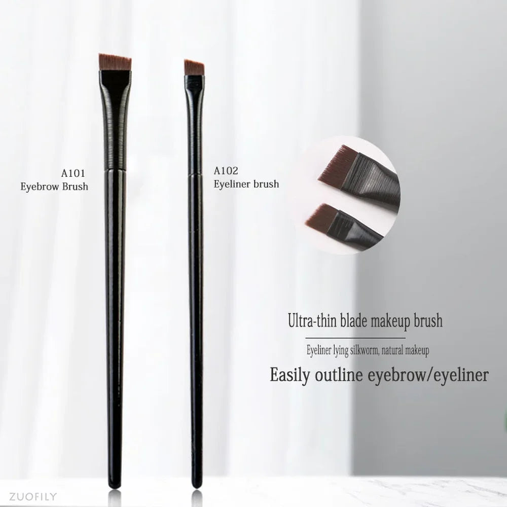 Professional makeup brushes for women, including eyeliner, eyebrow, and contour brushes with flat fine blades for cosmetic beauty.