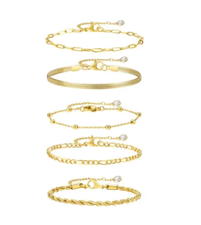 Stainless steel bohemian style personalized anklet with intricate charms and adjustable chain on a white background.
