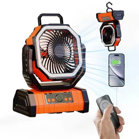 Outdoor power bank with LED light and camping fan, orange color, 20,000mAh capacity, ideal for outdoor household use