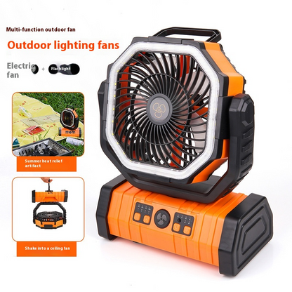 Orange outdoor power bank with LED light and camping fan, portable device for household and outdoor use by BackupMyFilesNow.com