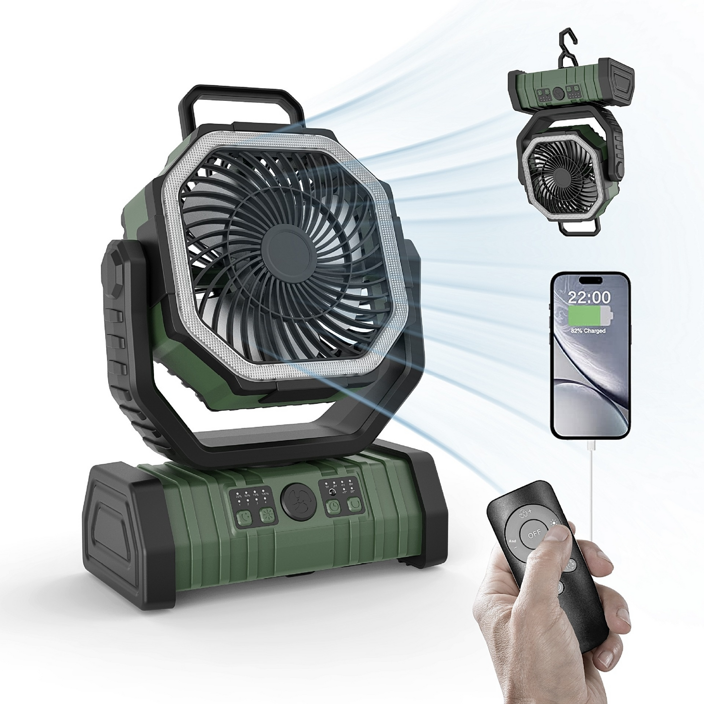 Orange outdoor power bank with LED light and camping fan, portable for household and outdoor use by BackupMyFilesNow.com