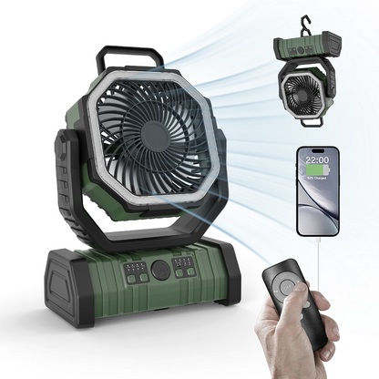 Orange outdoor power bank with LED light and camping fan, portable for household and outdoor use by BackupMyFilesNow.com