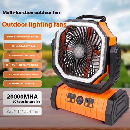 Orange outdoor power bank with LED light and camping fan, portable household device for outdoor activities.