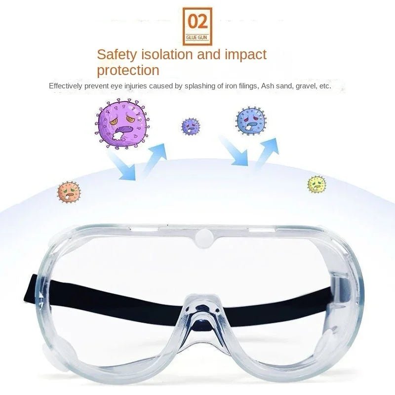 Waterproof safety goggles with anti-fog, dust-proof, and windproof design, ideal for laboratory work and water park protection.