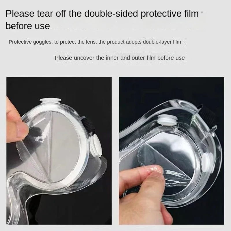 Waterproof safety goggles by BACKUPMYFILESNOW.COM® with anti-fog, dust-proof, windproof, and protective features for lab or water park use.