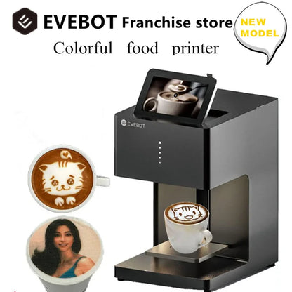 EVEBOT 3D latte art coffee printer machine with WiFi, edible ink cartridges, automatic beverage printing, and sleek design.