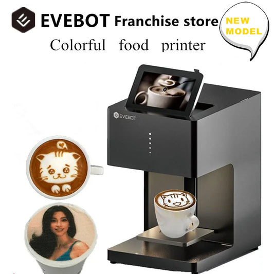 EVEBOT 3D latte art coffee printer machine with WiFi, edible ink cartridges, automatic beverage printing, and sleek design.