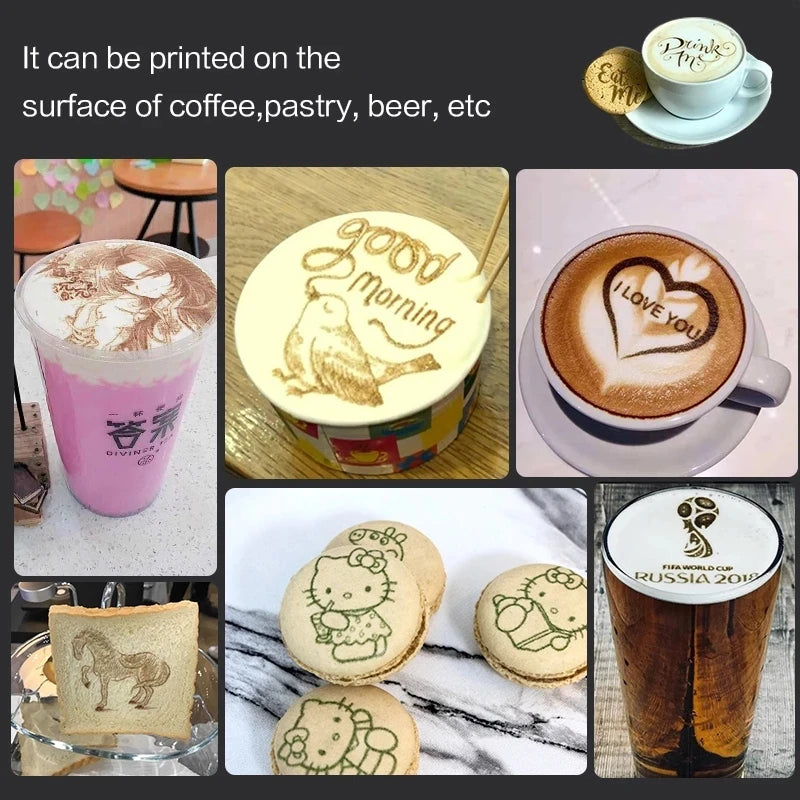 EVEBOT 3D latte art coffee printer machine with WIFI, edible ink cartridges, automatic beverage printing, and sleek design.