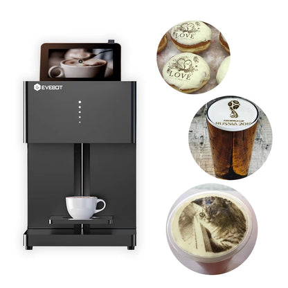 EVEBOT 3D latte art coffee printer machine with Wi-Fi, edible ink cartridges, automatic beverage printing, and self-serve design.