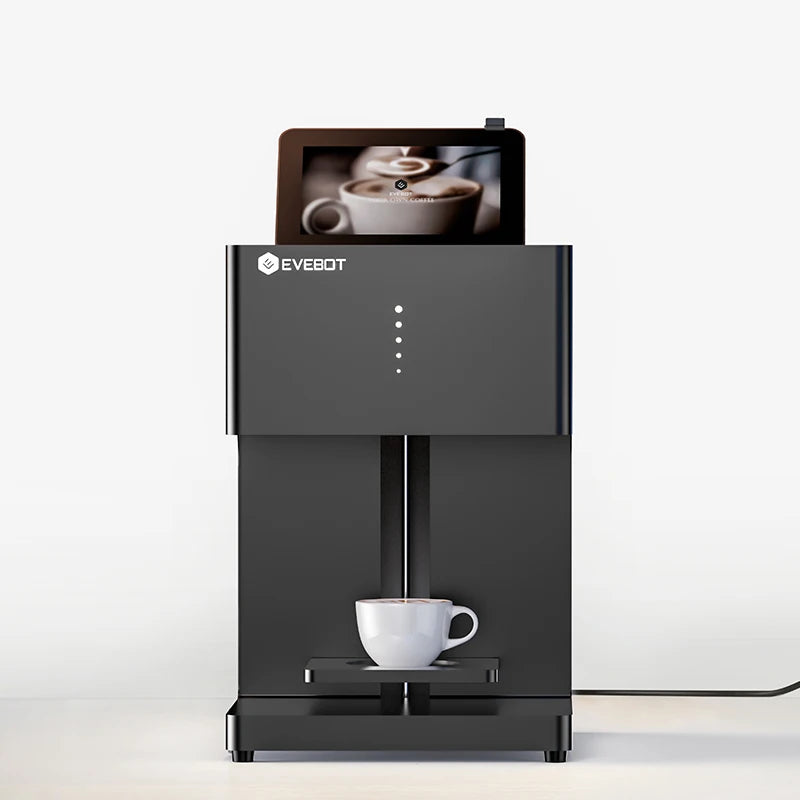 EVEBOT 3D latte art coffee printer machine with WiFi, edible ink cartridges, automatic beverage printing, and food selfie feature.