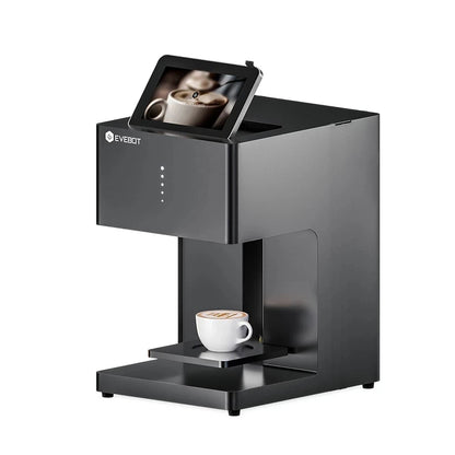 EVEBOT 3D latte art coffee printer machine with WiFi, automatic beverage printing, edible ink cartridges, and sleek design.