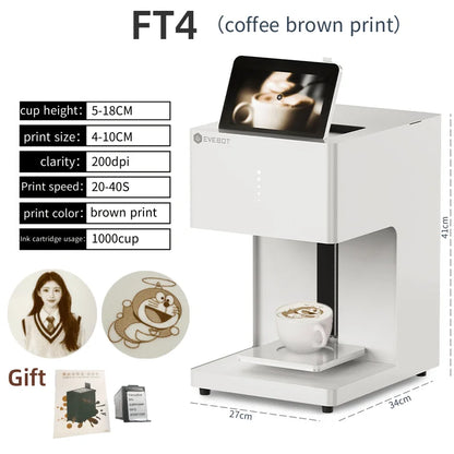 EVEBOT 3D latte art coffee printer from BackupMyFilesNow.com showing coffee cup with intricate edible ink print and WiFi connection.