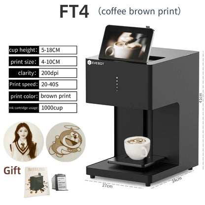 EVEBOT 3D Latte Art Coffee Printer by BackupMyFilesNow.com showing its automatic coffee printing machine with edible ink cartridges and Wi-Fi.