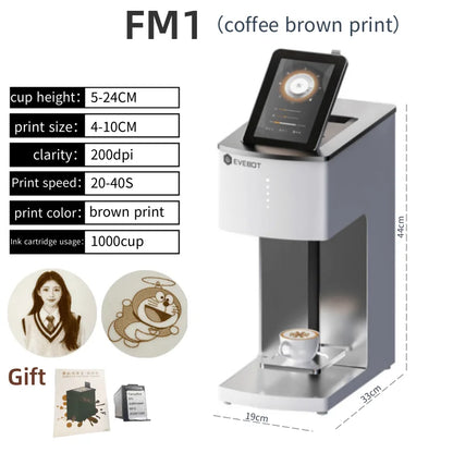 EVEBOT 3D latte art coffee printer machine with Wi-Fi, edible ink cartridges, automatic beverage printing, and food selfie feature.
