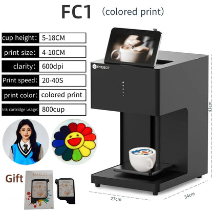 EVEBOT 3D latte art coffee printer machine with WIFI, edible ink cartridges, automatic beverage printing, and sleek design.