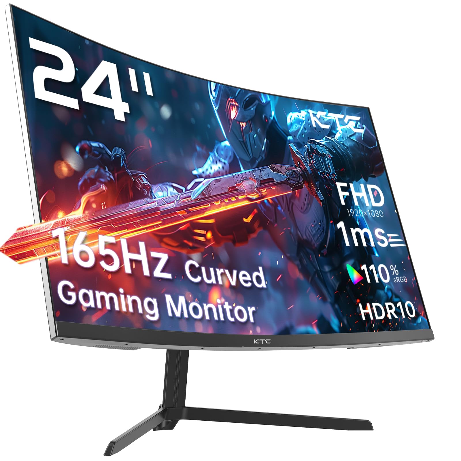 KTC 24-inch curved gaming monitor with 165Hz refresh rate, 1ms response time, FHD resolution, HDR, and adaptive sync for gaming and office use