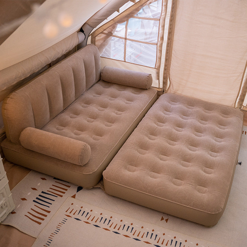 Inflatable sofa bed for camping and home use by BACKUPMYFILESNOW.COM®, featuring a five-in-one design in a compact setup.