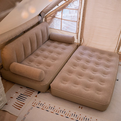 Inflatable sofa bed for camping and home use by BACKUPMYFILESNOW.COM®, featuring a five-in-one design in a compact setup.