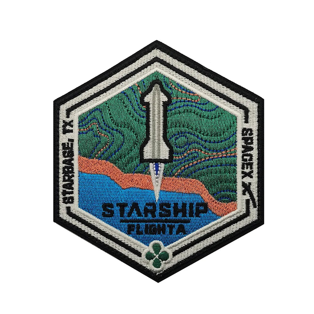 SpaceX Starship Exploration embroidery patch featuring Starbase TX launch design, for clothing or bag decor.