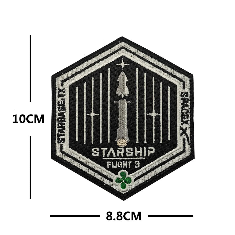 SpaceX Starship exploration embroidery patch with Starbase TX design, suitable for clothing and bag decor, by BACKUPMYFILESNOW.COM®.
