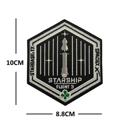 SpaceX Starship exploration embroidery patch with Starbase TX design, suitable for clothing and bag decor, by BACKUPMYFILESNOW.COM®.