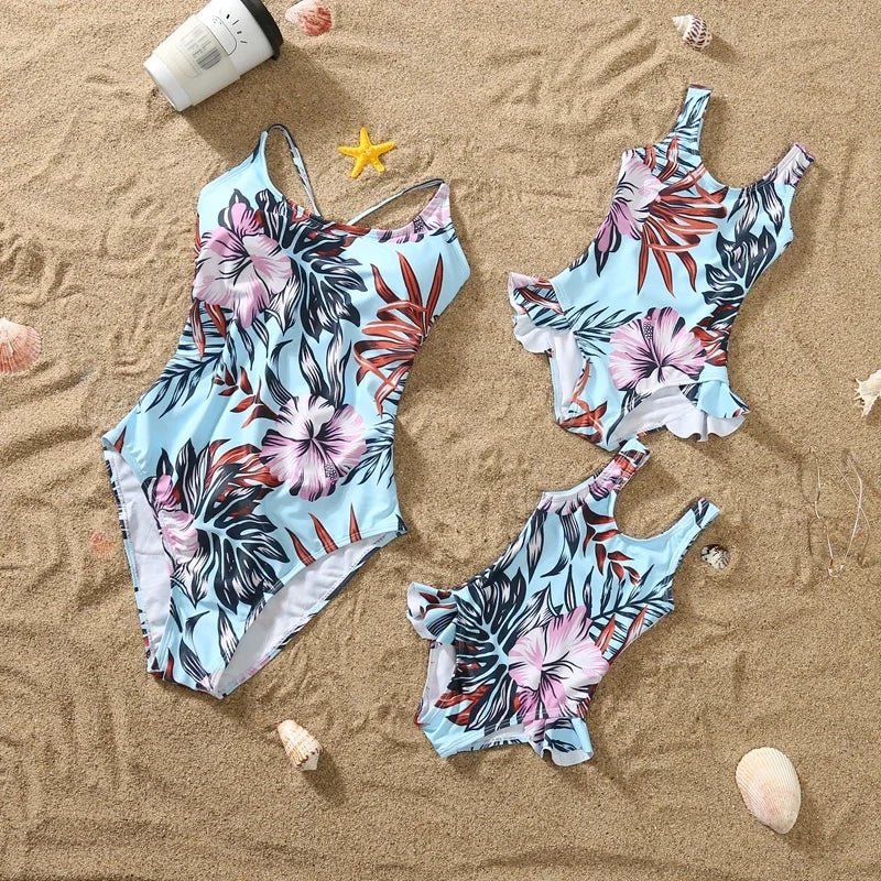 Floral pattern ruffle one-piece swimsuit for girl, family matching swimwear including dad's swim shorts, beachwear for kids and adults