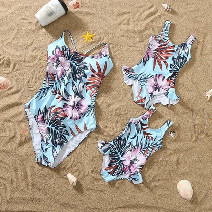 Floral pattern ruffle one-piece swimsuit for girl, family matching swimwear including dad's swim shorts, beachwear for kids and adults