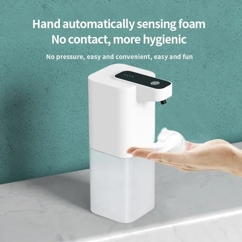Automatic USB rechargeable foam soap dispenser from BackupMyFilesNow.com, touchless, portable, ideal for bathroom and kitchen use.