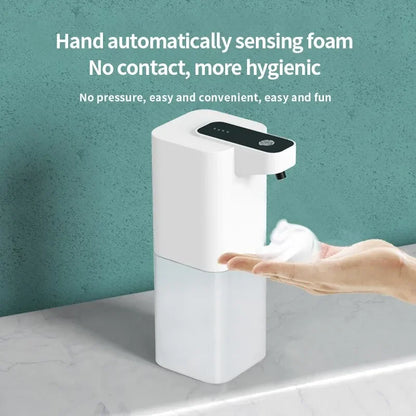 Automatic USB rechargeable foam soap dispenser from BackupMyFilesNow.com, touchless, portable, ideal for bathroom and kitchen use.
