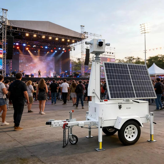 Foldable solar-powered mobile trailer with 4G remote monitoring for large event surveillance, branded BACKUPMYFILESNOW.COM®.