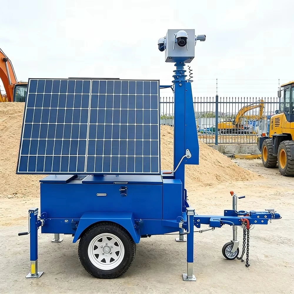 Foldable solar-powered mobile trailer with 4G remote monitoring system, designed for large event surveillance and monitoring.