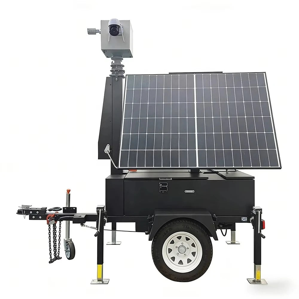 Foldable solar-powered mobile trailer with 4G remote monitoring for large event management, branded BACKUPMYFILESNOW.COM®.