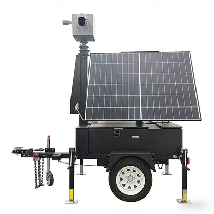 Foldable solar-powered mobile trailer with 4G remote monitoring for large event management, branded BACKUPMYFILESNOW.COM®.