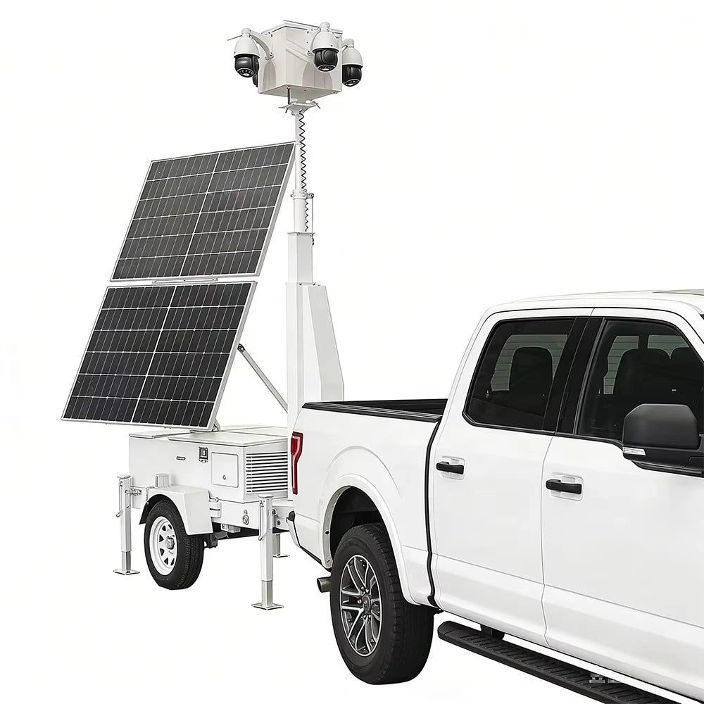 Foldable solar-powered mobile trailer with 4G remote monitoring, used for large event management, by BACKUPMYFILESNOW.COM®.