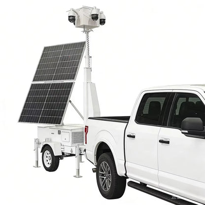 Foldable solar-powered mobile trailer with 4G remote monitoring, used for large event management, by BACKUPMYFILESNOW.COM®.