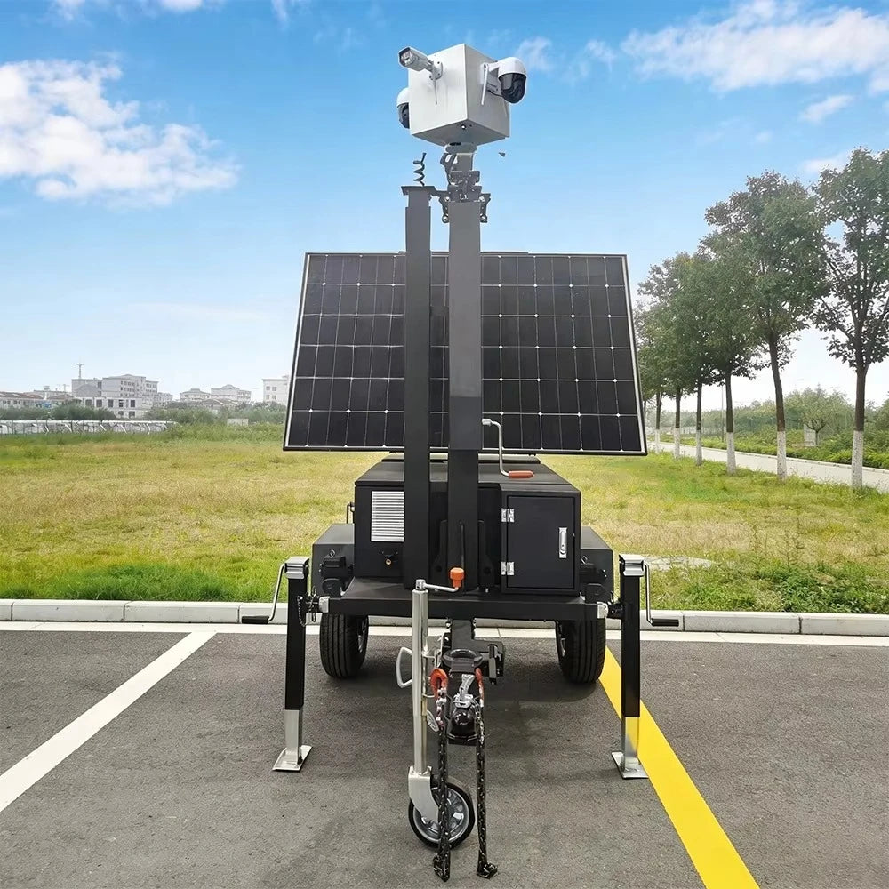 Foldable solar-powered mobile trailer with 4G remote monitoring system for large event surveillance, branded BACKUPMYFILESNOW.COM®.
