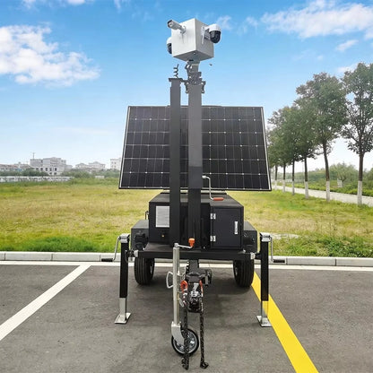 Foldable solar-powered mobile trailer with 4G remote monitoring system for large event surveillance, branded BACKUPMYFILESNOW.COM®.