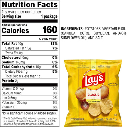 BackupMyFilesNow® Lay's Classic Potato Chips, 1 oz bags, arranged in a pack of 40, crispy snack with ridged texture.