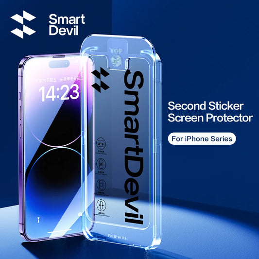 SmartDevil full cover tempered glass screen protector for iPhone 14, 13, 12 Pro Max, and 11 with edge-to-edge protection and auto-dust removal.